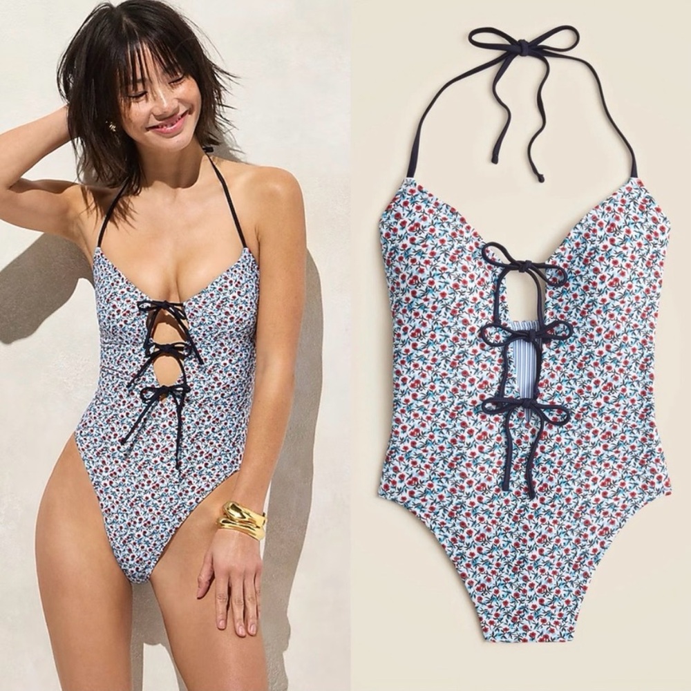 J. Crew Floral Tie-front Halter Reversible One-piece Swimsuit